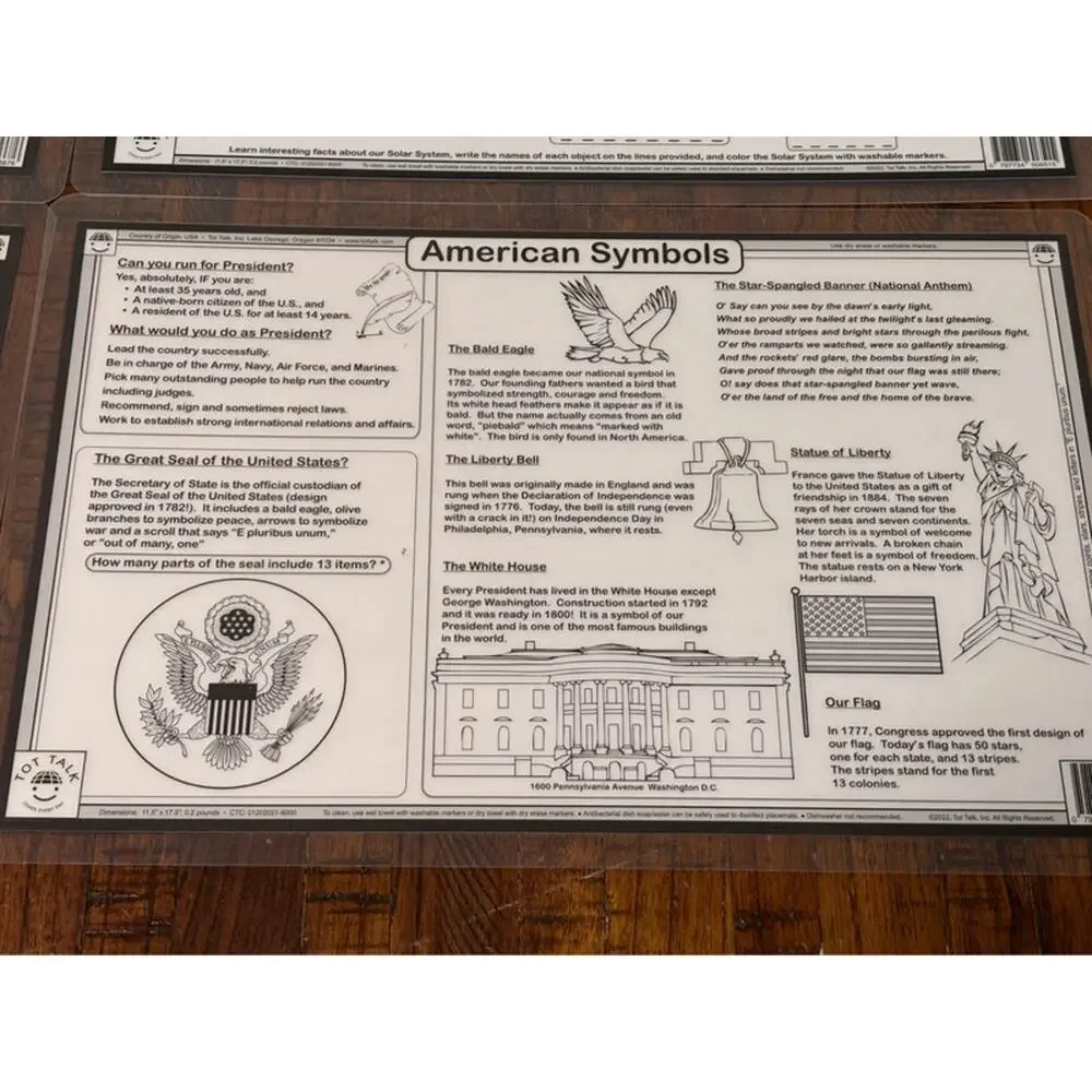 Tot Talk 2022 Laminated Kids Learning Home School Place Mat  4 Reversible Mats